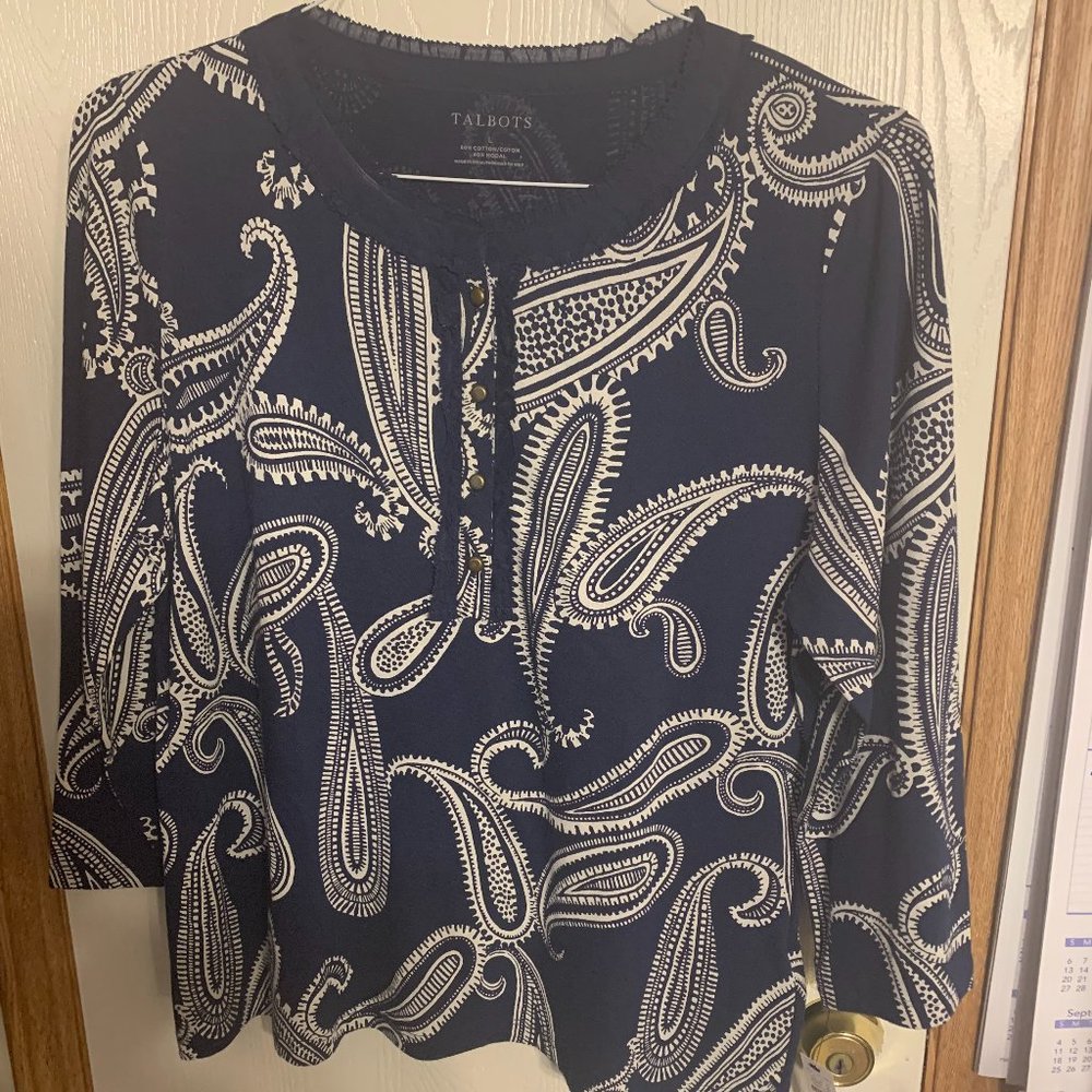 Talbots Blue Top with white designs, Large